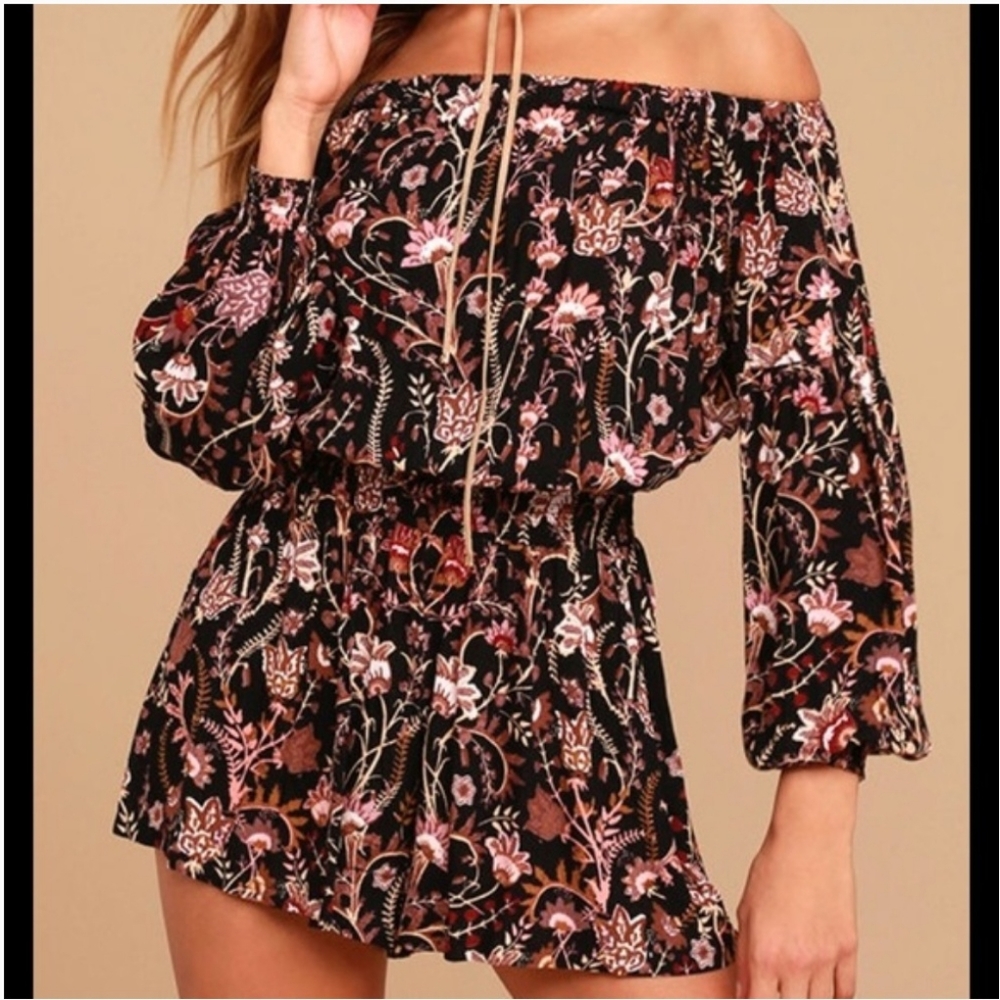 Free People Women's Floral Boho Open Back Long Sleeve Short Romper Medium M
